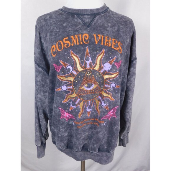 Cosmic Vibes Sun Eye Sweatshirt Black Acid Wash S Boho Witchcore - Picture 1 of 12